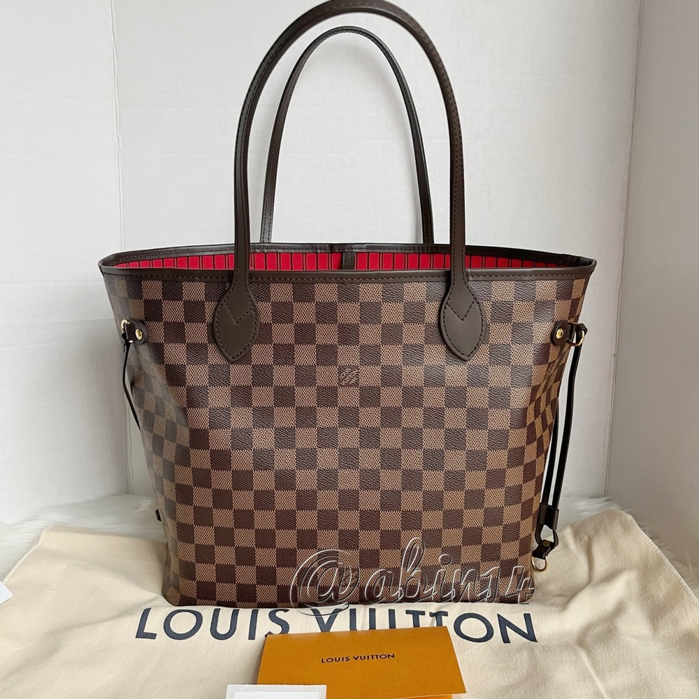 Like New Louis Vuitton Neverfull MM Damier Ebene  Red Interior Tote Bag